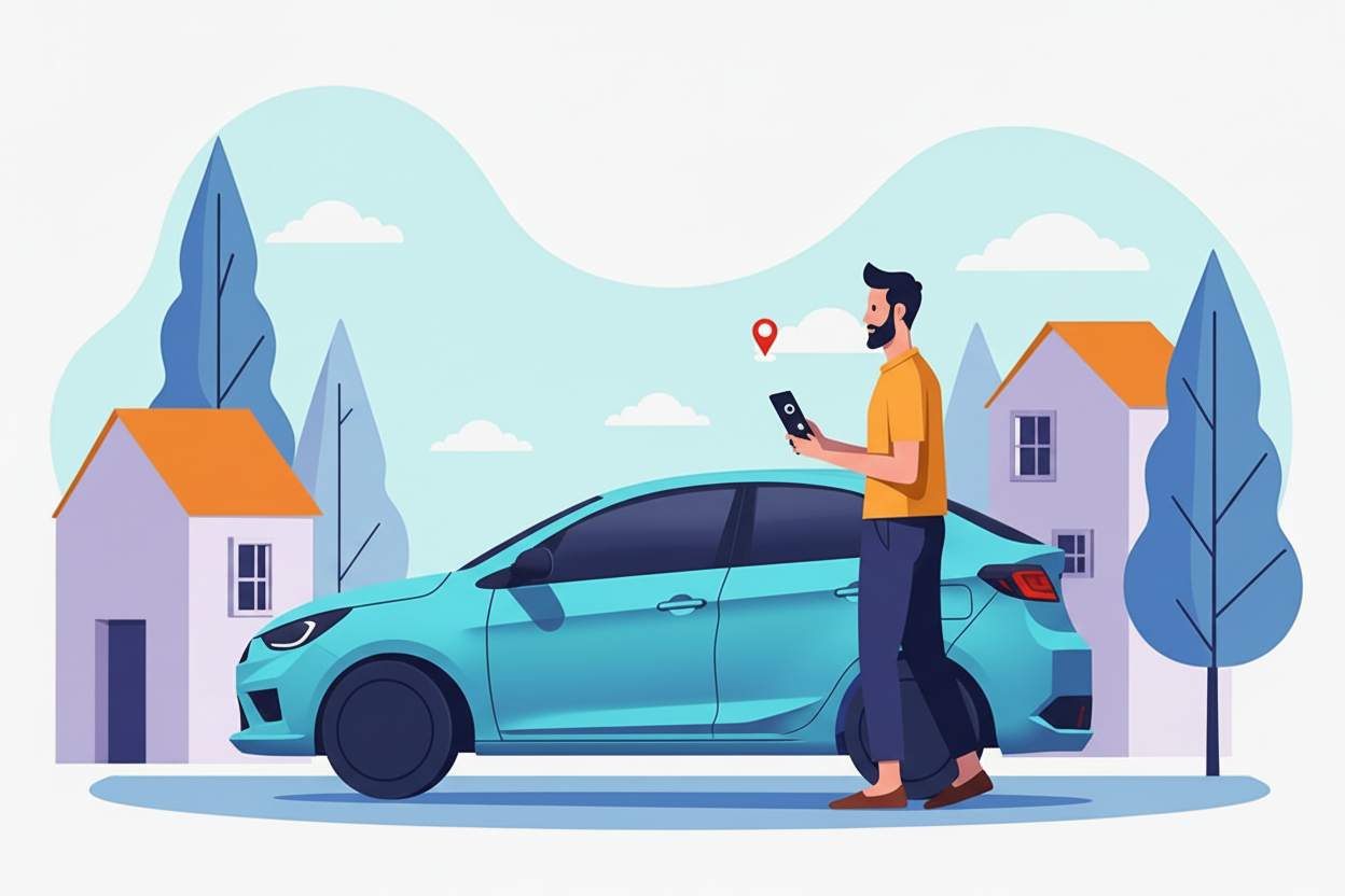 Person sitting next to car with phone app